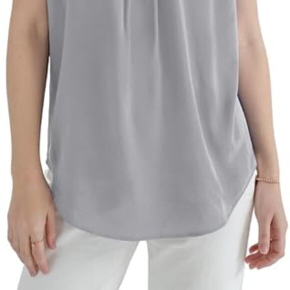 Amazon Gray Flutter Sleeve Satiny Blouse with Pleated Neckline Size Large - Picture 2 of 11